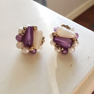 Vintage Purple & White Clip-On Earrings Made in Japan